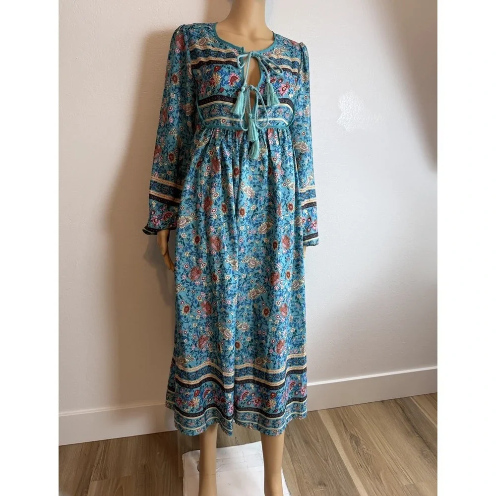 Y2K Blue Floral Tassel Tie Long Sleeve Cottage Bohemian Womens Midi Dress Sz M